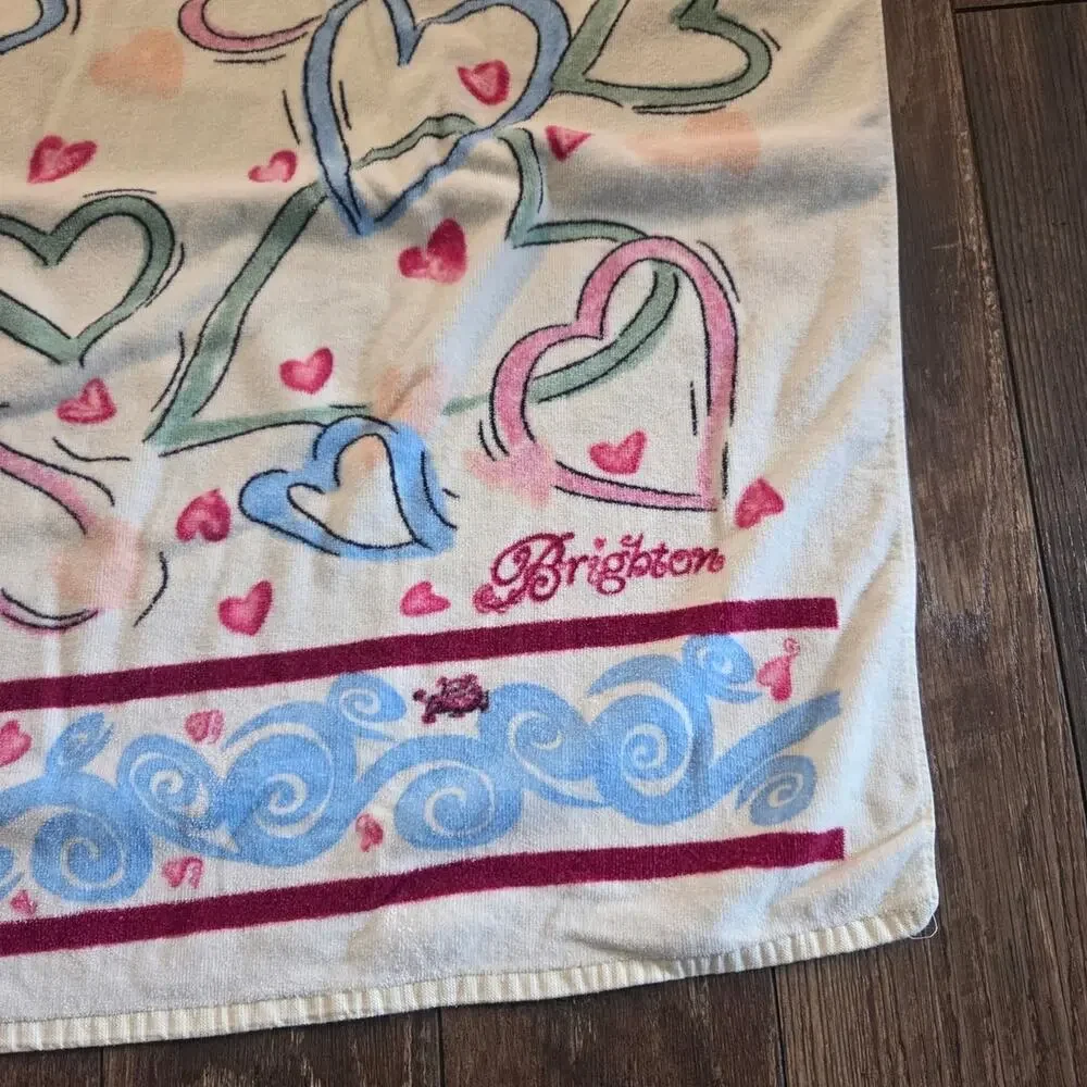 Brighton White Blue & Pink Heart Beach Towel Vintage 100% Cotton